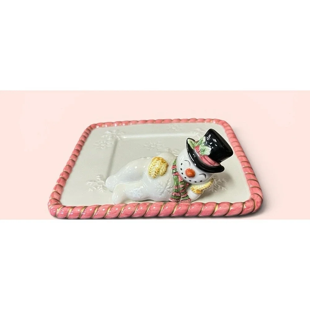 Fitz & Floyd Frosty Folks Snowman Candy Dish Trinket Tray Snowflakes‎ Candy Cane